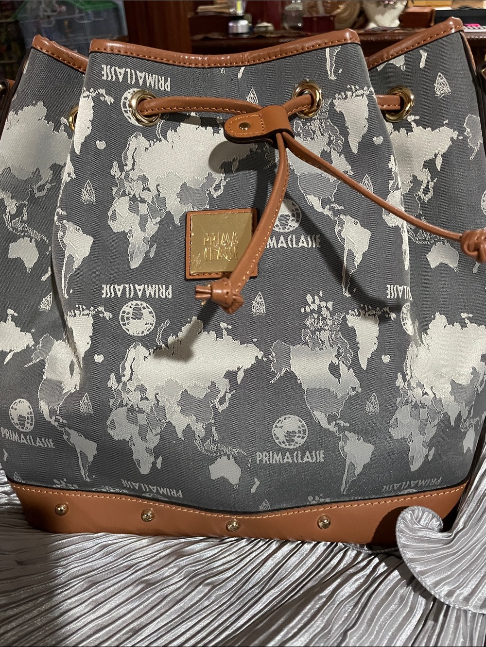 Prima Classe World-Map Drawstring Bucket Bag with Tan Trim